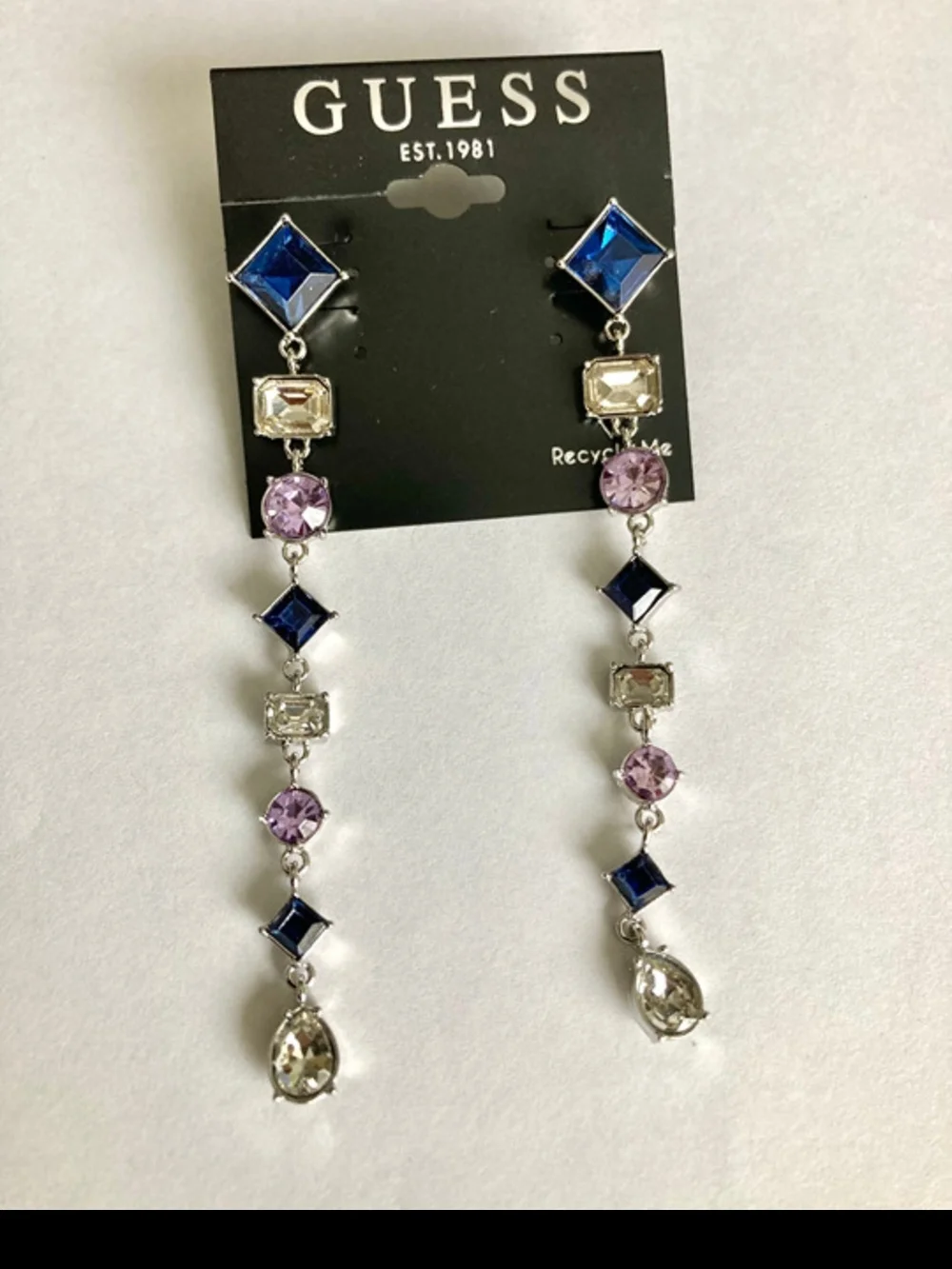 GUESS Long Multicolor Crystal Drop Earrings in Blue, Purple & Clear